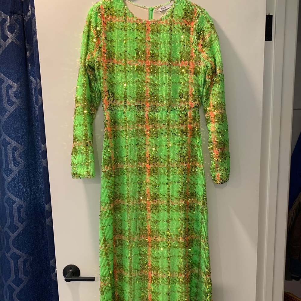 ZARA long sequin chartreuse lime plaid dress SMALL